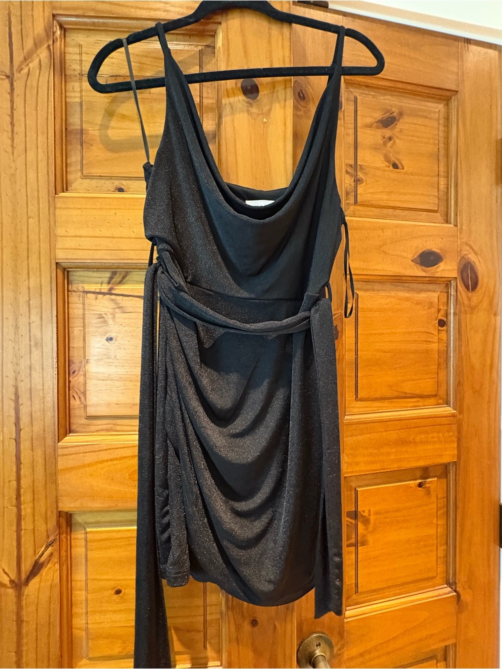 Black Draped Cowl Neck slinky Evening Dress with belt
